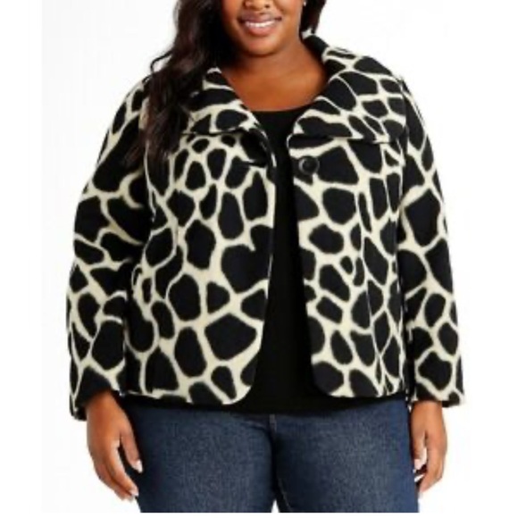 Susan Graver Fleece Jacket Black Ivory Giraffe Print One Button Soft Size L - Picture 1 of 10